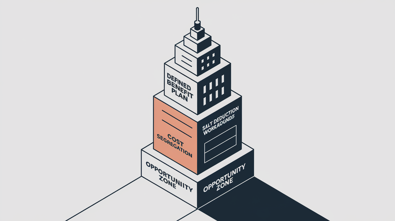 A stylized skyscraper built with blocks representing different tax strategies.