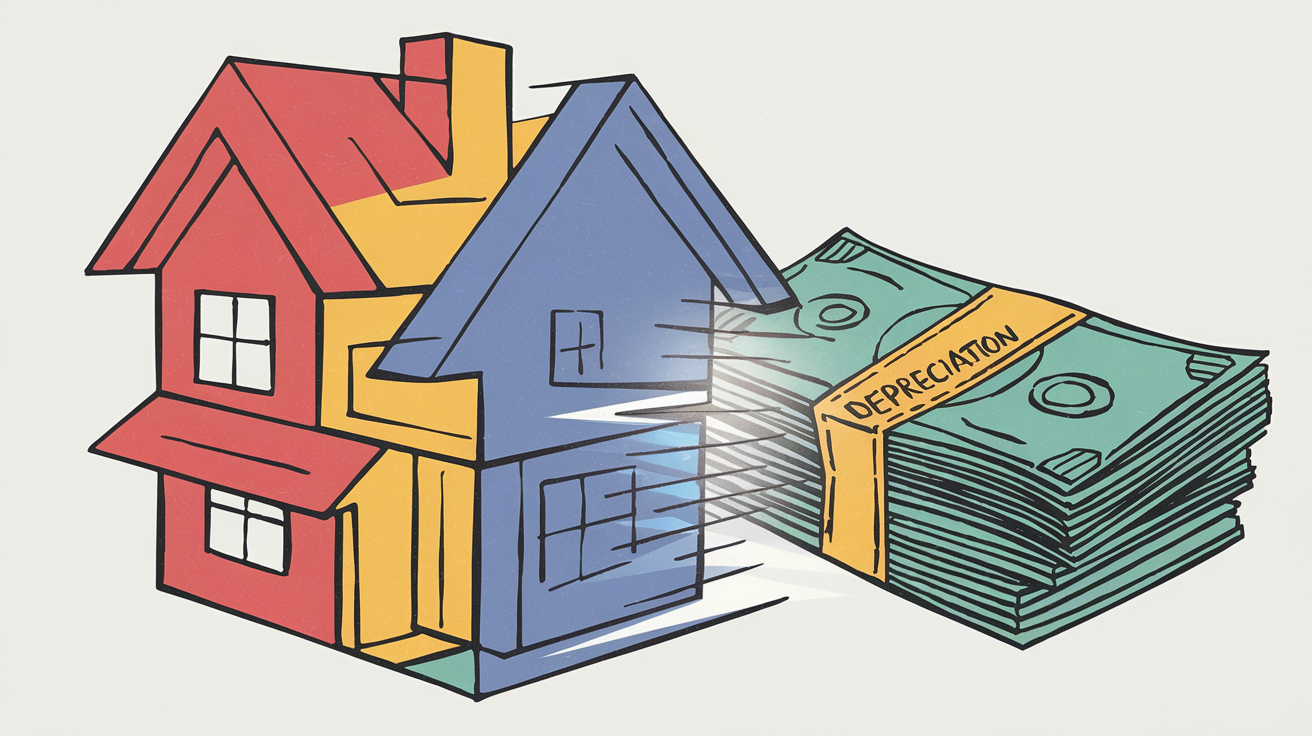 A house turning into a stack of money, illustrating the financial benefits of real estate investment.