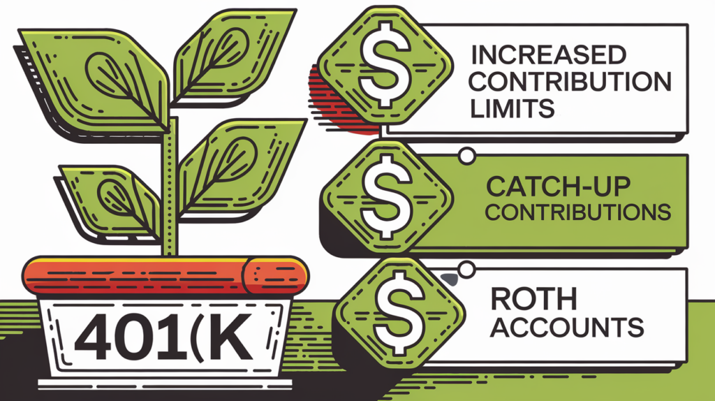 Block illustration of a plant growing in a 401(k) pot, symbolizing retirement savings growth.