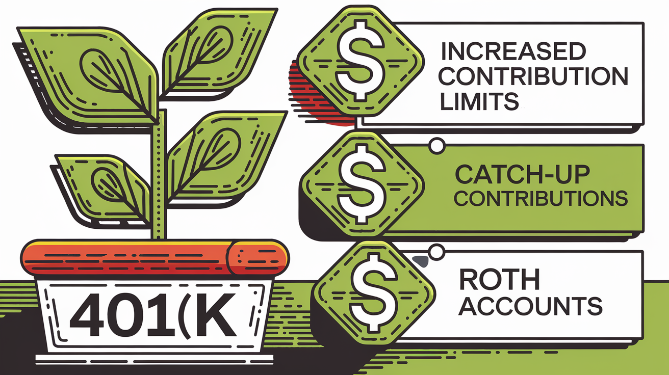 Block illustration of a plant growing in a 401(k) pot, symbolizing retirement savings growth.