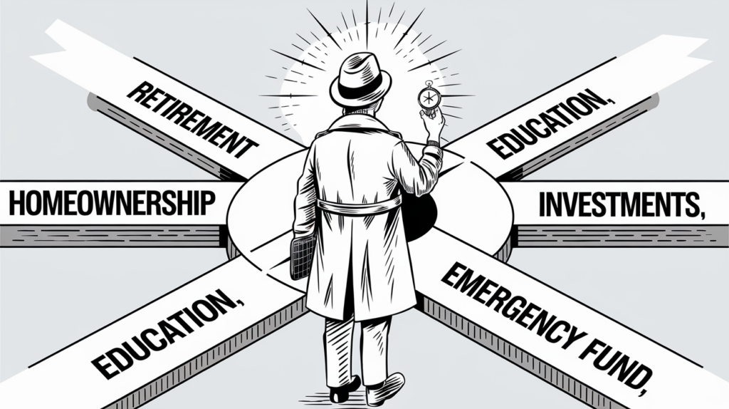 Line art drawing of a person choosing a path at a crossroads.