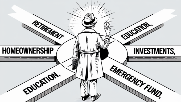 Line art drawing of a person choosing a path at a crossroads.