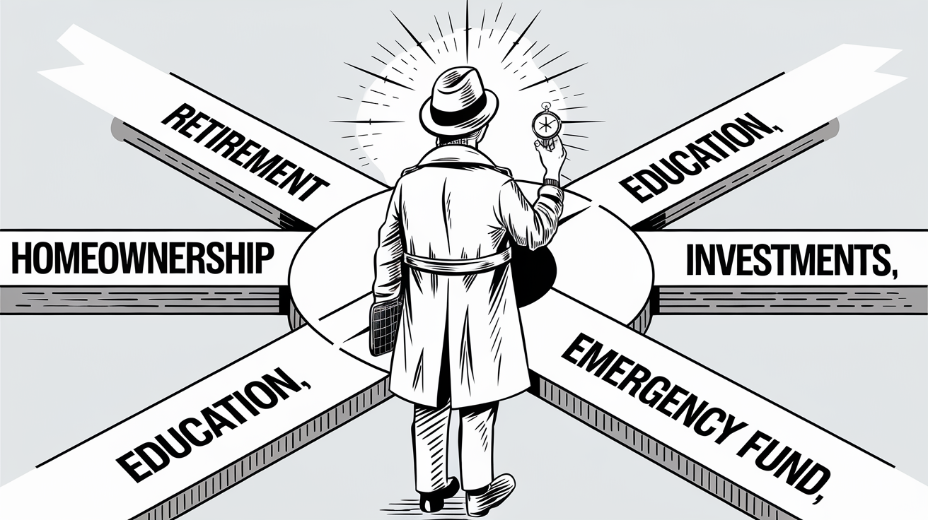 Line art drawing of a person choosing a path at a crossroads.