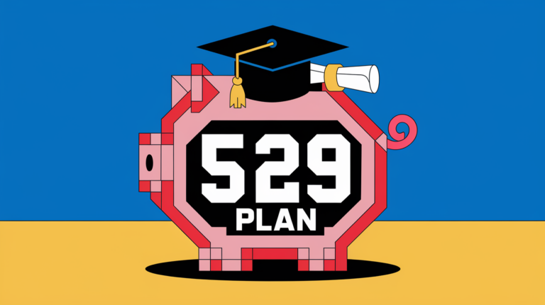 Block illustration of a piggy bank with a graduation cap, diploma, and "529 Plan" label, representing saving for education.