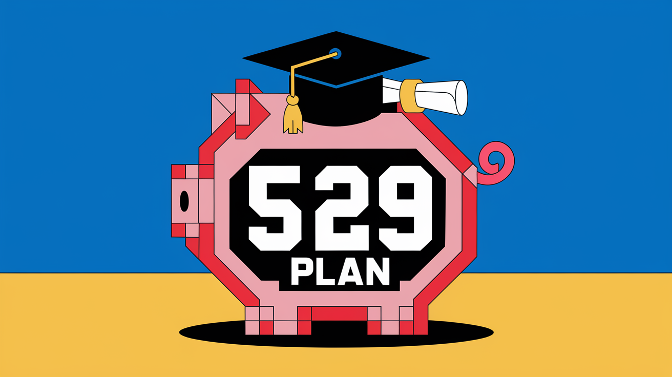 Block illustration of a piggy bank with a graduation cap, diploma, and "529 Plan" label, representing saving for education.