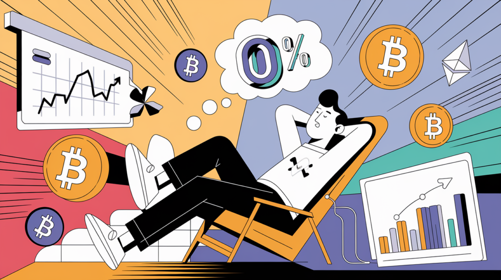An advertising illustration of a relaxed individual surrounded by cryptocurrency symbols and graphs, with a thought bubble showing a "0%" tax rate, symbolizing tax optimization strategies.