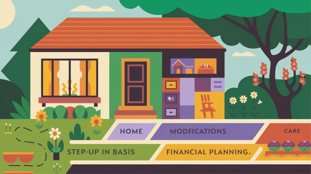 Block illustration of a house with vibrant colors, representing different aspects of aging in place, such as "Home Modifications," "Care Planning," and "Financial Planning."