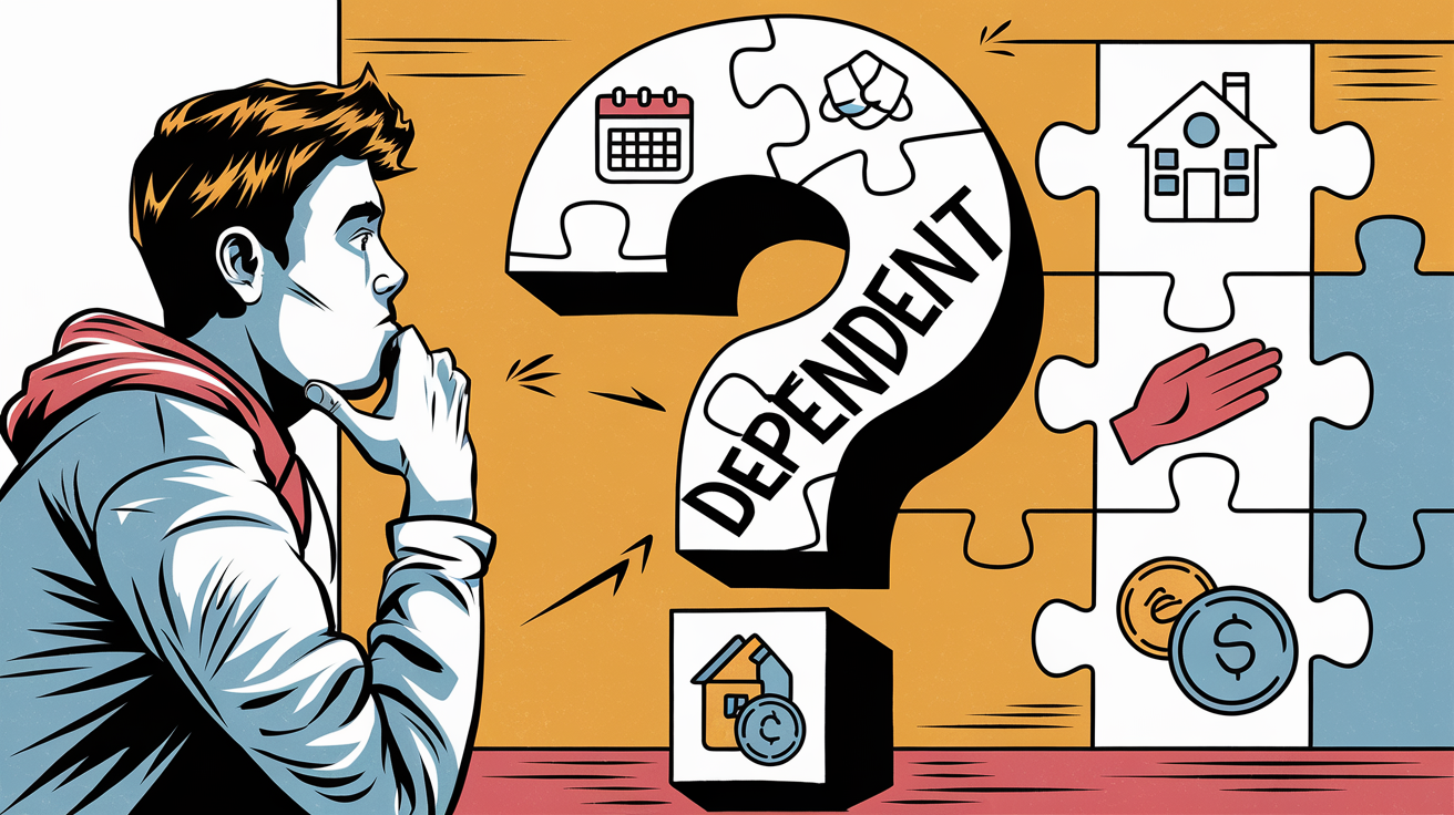 A block illustration of a young adult looking at a question mark made of puzzle pieces, each representing a factor determining dependency. The word "Dependent" is prominent within the question mark.