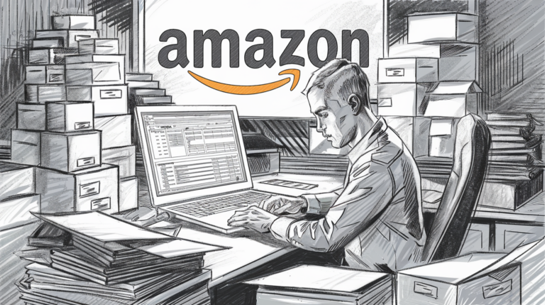 A pencil illustration of an Amazon seller diligently working on bookkeeping tasks.