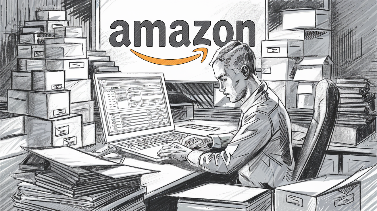 A pencil illustration of an Amazon seller diligently working on bookkeeping tasks.