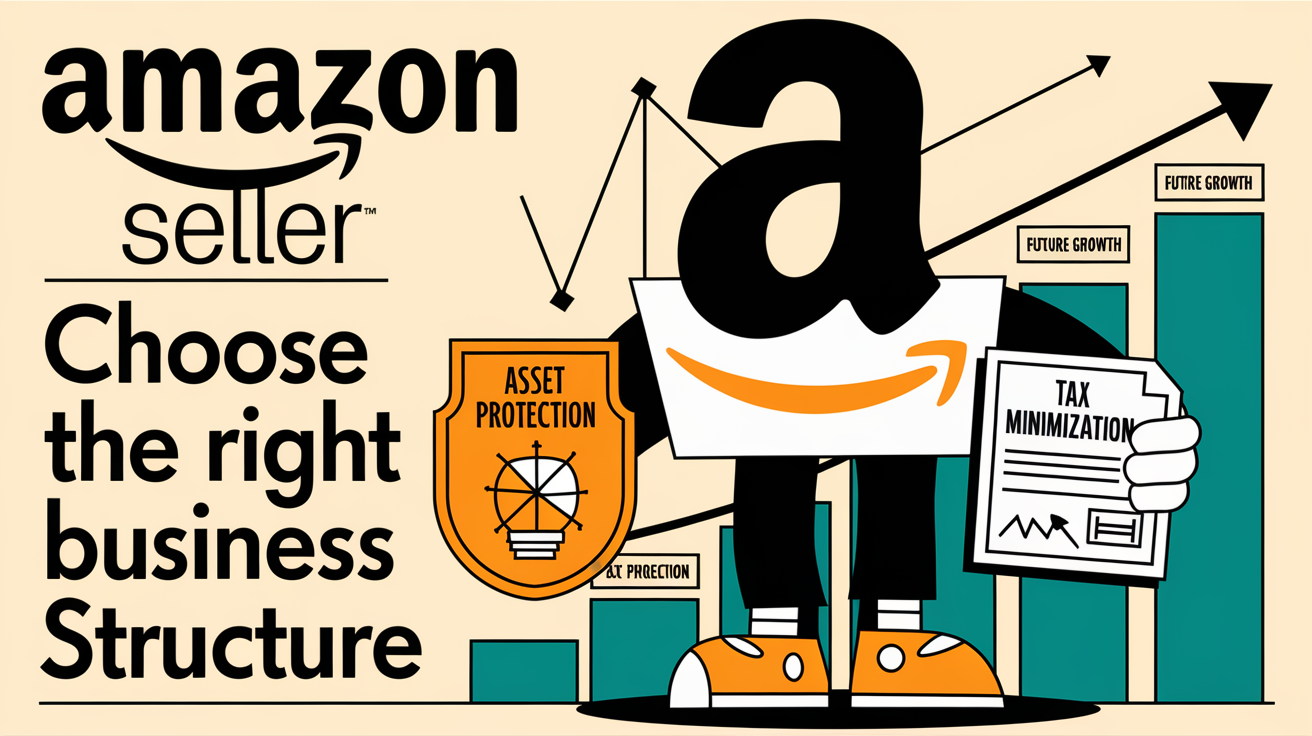 A vintage-style advertising illustration promoting the importance of choosing the right business structure for Amazon sellers.