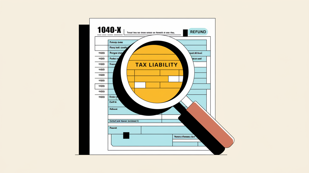 A block illustration of a magnifying glass inspecting a Form 1040-X.