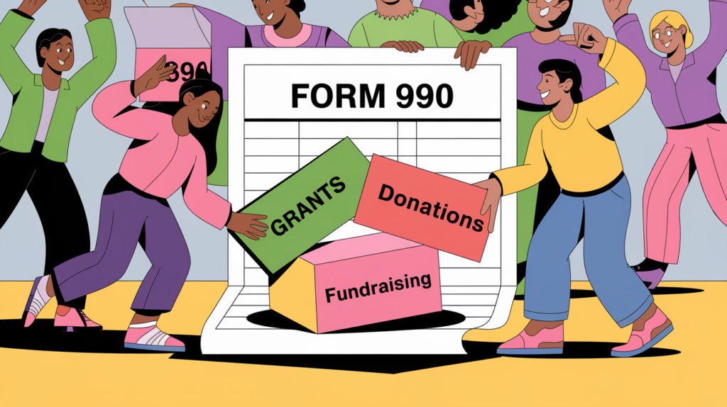 People building a "Form 990" with blocks labeled "Grants," "Donations," and "Fundraising."