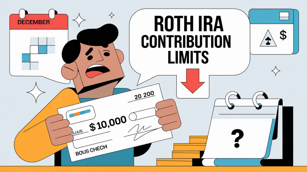 A person receiving a bonus check, with a speech bubble highlighting Roth IRA contribution limits.