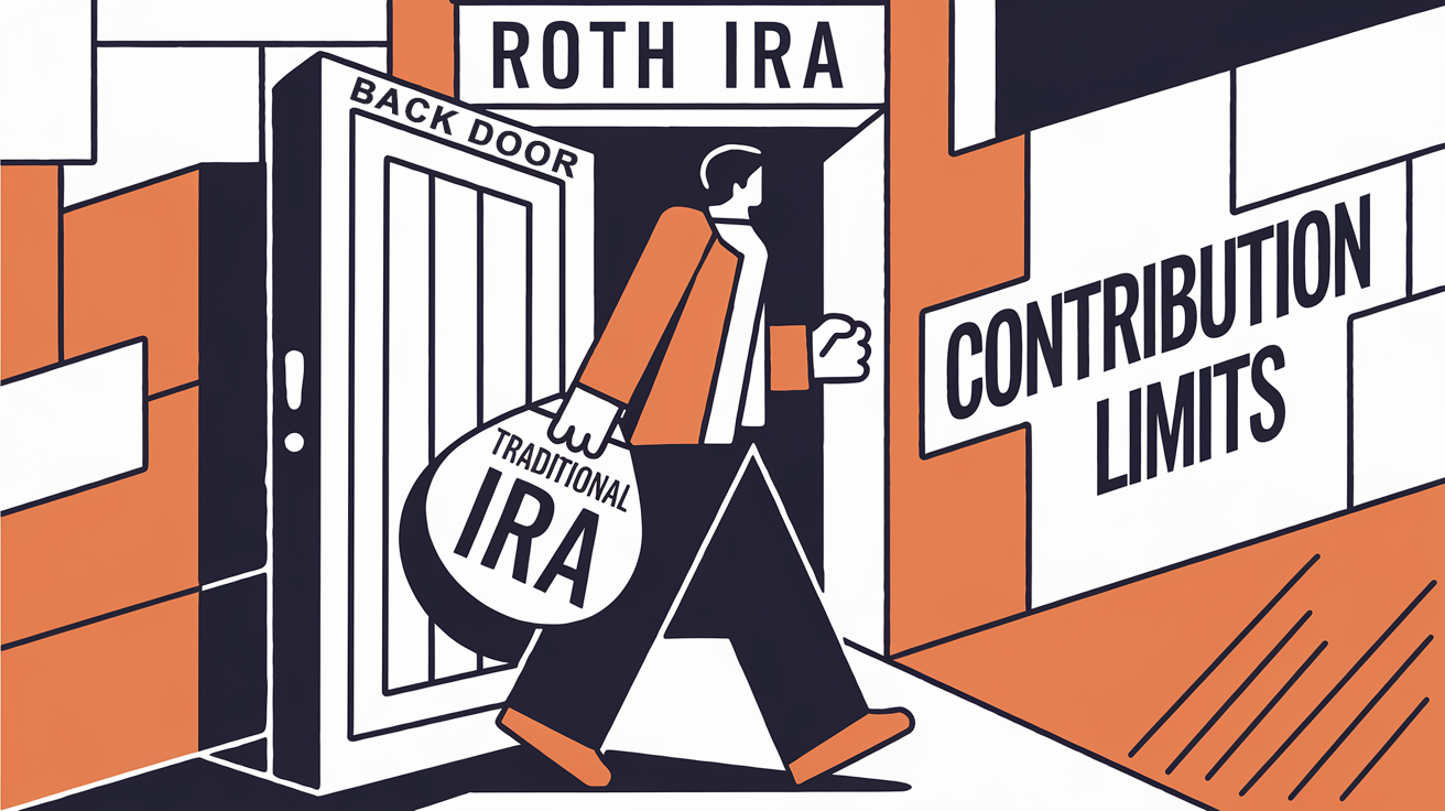 A person carrying a Traditional IRA enters a Roth IRA through a door labeled "Backdoor Roth IRA."
