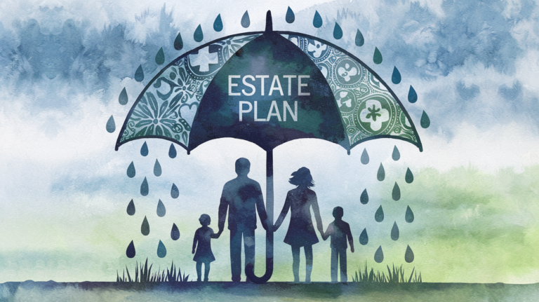 A family sheltered under an umbrella labeled "Estate Plan."