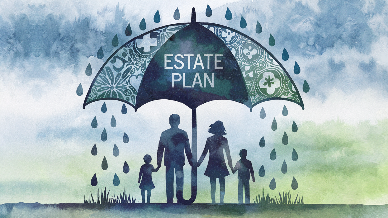 A family sheltered under an umbrella labeled "Estate Plan."