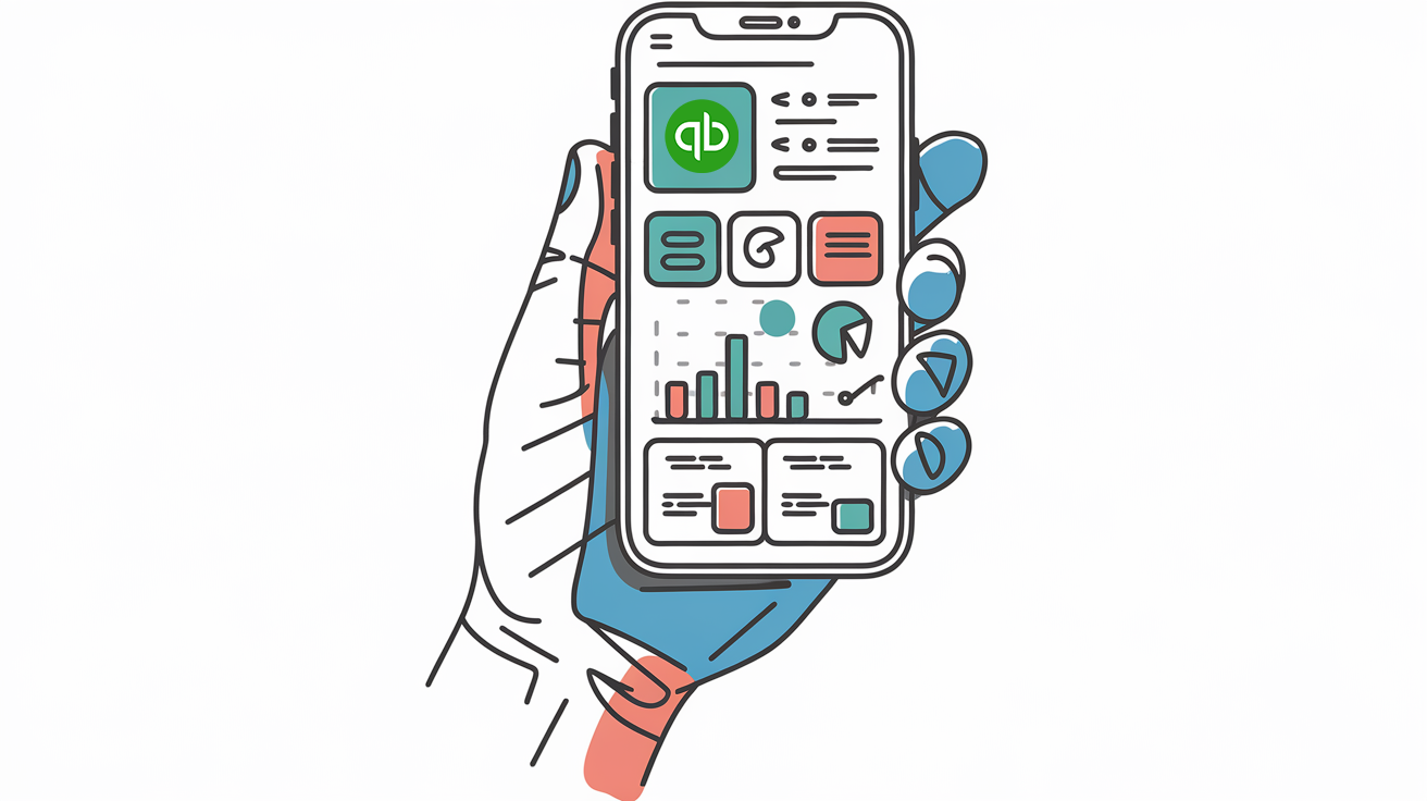 Line art of a hand holding a smartphone with an accounting app open