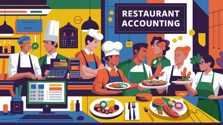 A vibrant block illustration of a busy restaurant with chefs, servers, and customers.