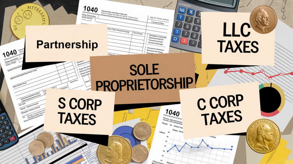 Collage representing the complexities of taxes for LLC, Partnership, S Corps and C Corps.