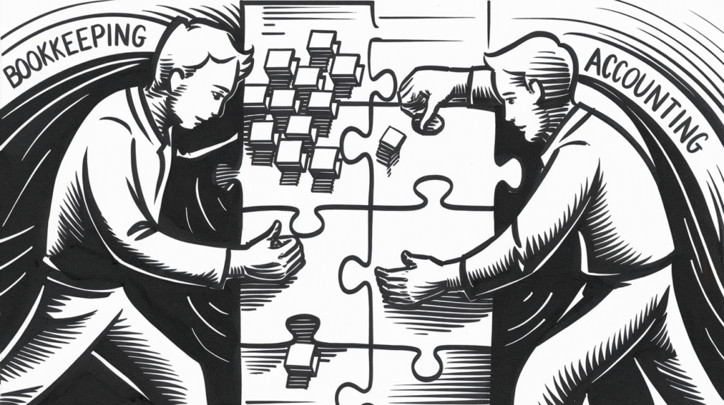 An ink drawing of two figures working together on a puzzle, representing bookkeeping and accounting.