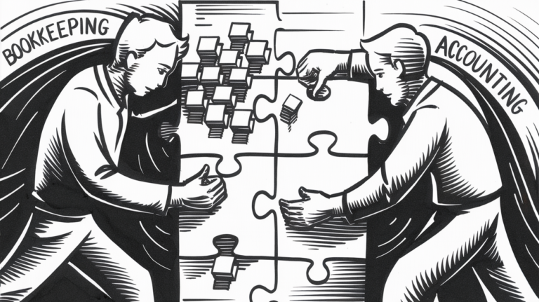 An ink drawing of two figures working together on a puzzle, representing bookkeeping and accounting.