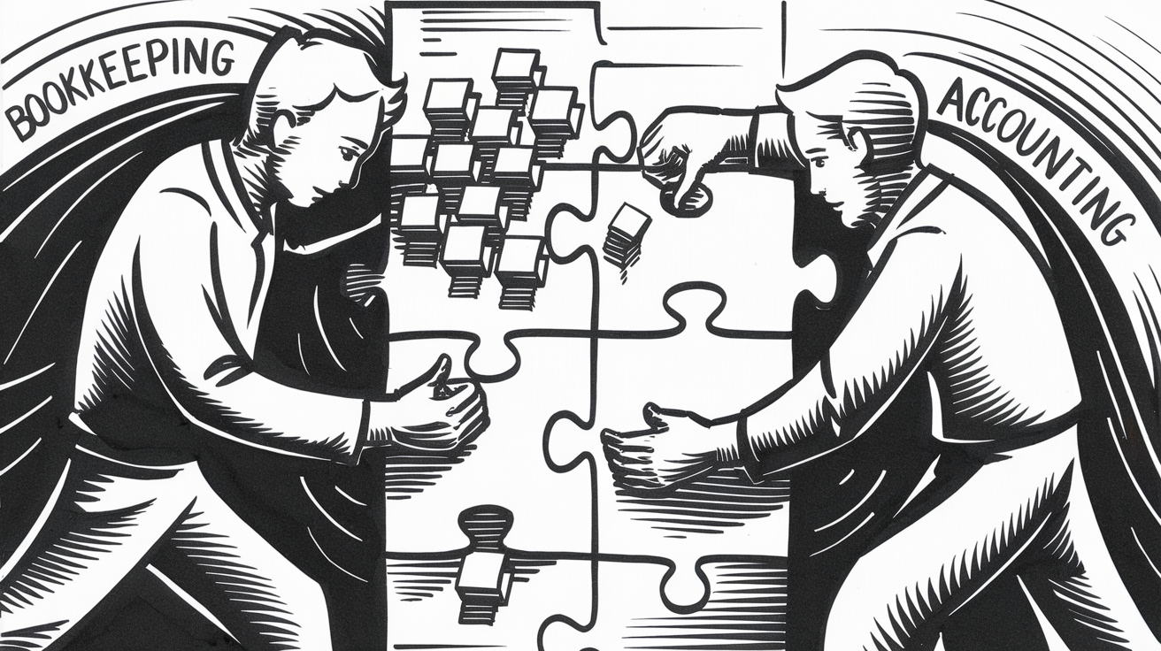 An ink drawing of two figures working together on a puzzle, representing bookkeeping and accounting.