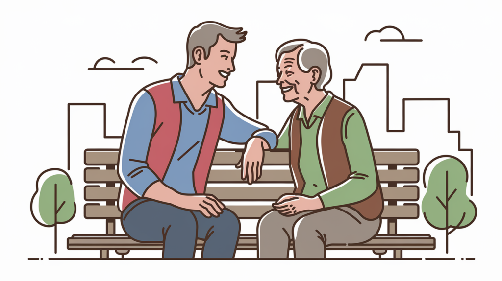 A young adult and an elderly person enjoying a conversation on a park bench.