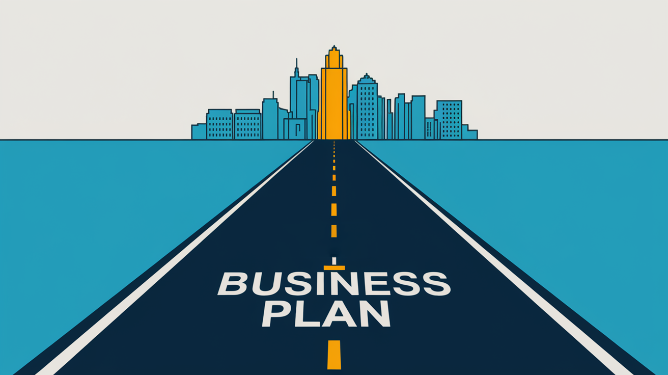 Block illustration of a roadmap to success with a city skyline in the background.