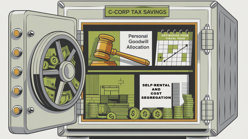 A safe overflowing with money, labeled "C-Corp Tax Savings," with icons representing goodwill allocation, fiscal year optimization, and self-rental strategies.