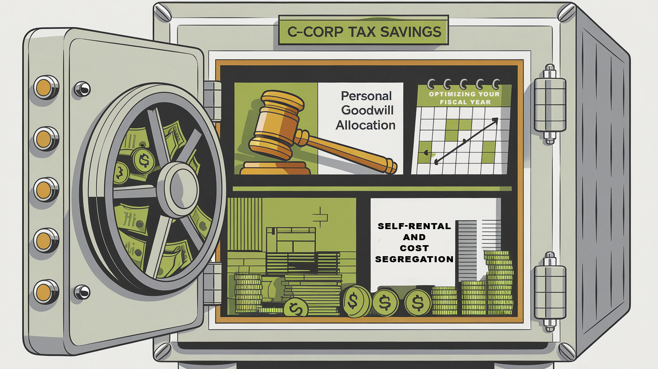 A safe overflowing with money, labeled "C-Corp Tax Savings," with icons representing goodwill allocation, fiscal year optimization, and self-rental strategies.
