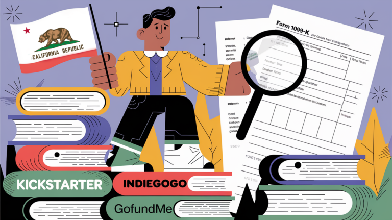 An entrepreneur stands on books, holding a California flag and examining a 1099-K form.