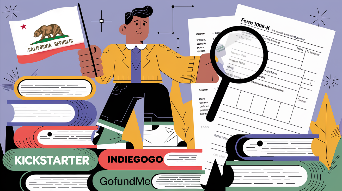 An entrepreneur stands on books, holding a California flag and examining a 1099-K form.