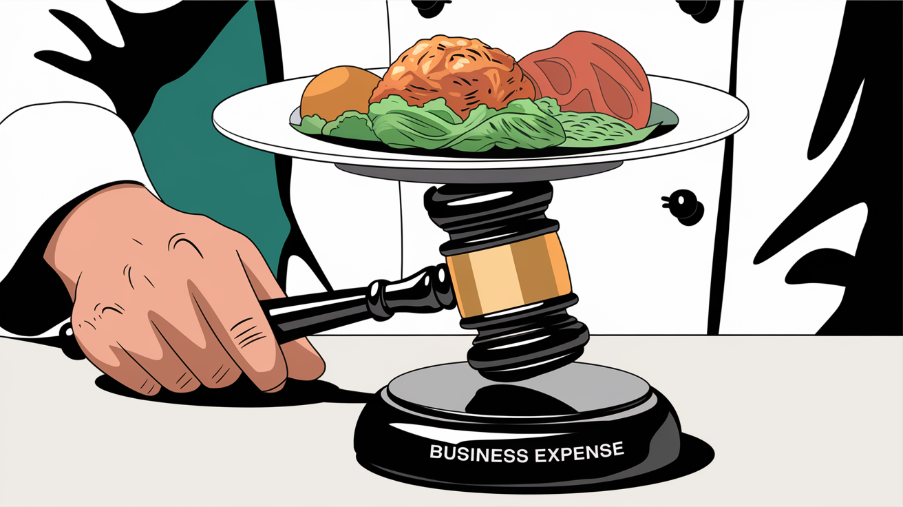 A stylized image of a hand holding a gavel with a plate of food on top, representing the legal aspects of deducting business meals.