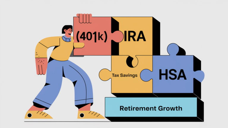 A block illustration of a person strategically placing puzzle pieces labeled "401(k)," "IRA," and "HSA" into slots for tax savings and retirement growth.