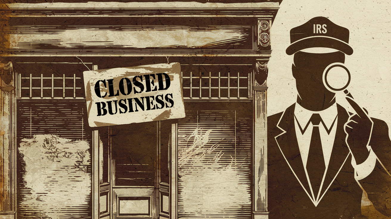 Woodcut illustration of a closed business being audited by the IRS.