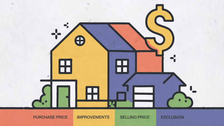 A graphic illustration of a house divided into sections, representing factors involved in calculating capital gains tax.