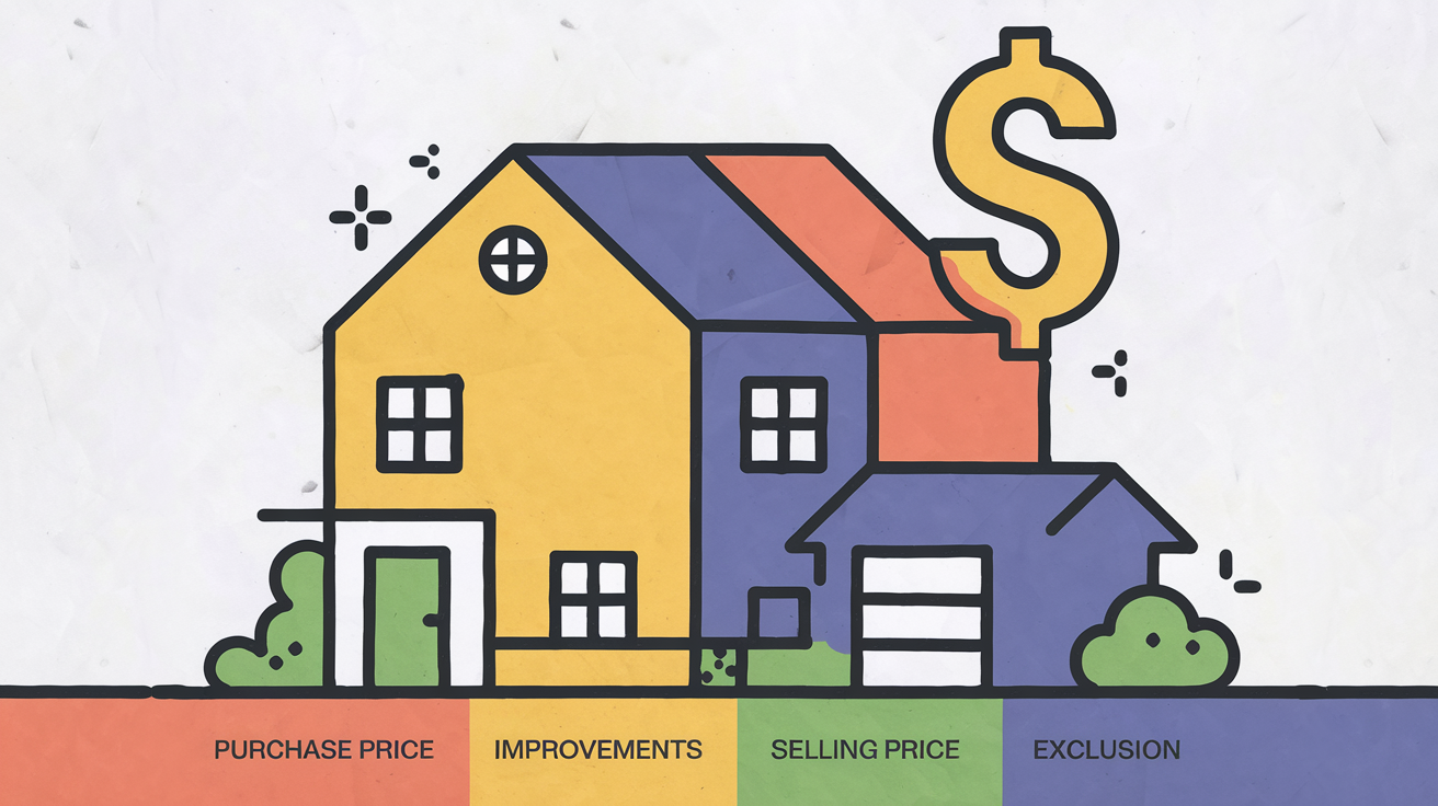 A graphic illustration of a house divided into sections, representing factors involved in calculating capital gains tax.
