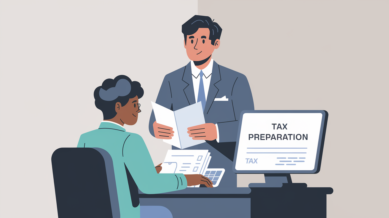 Block illustration of a taxpayer and tax professional working together on tax preparation.