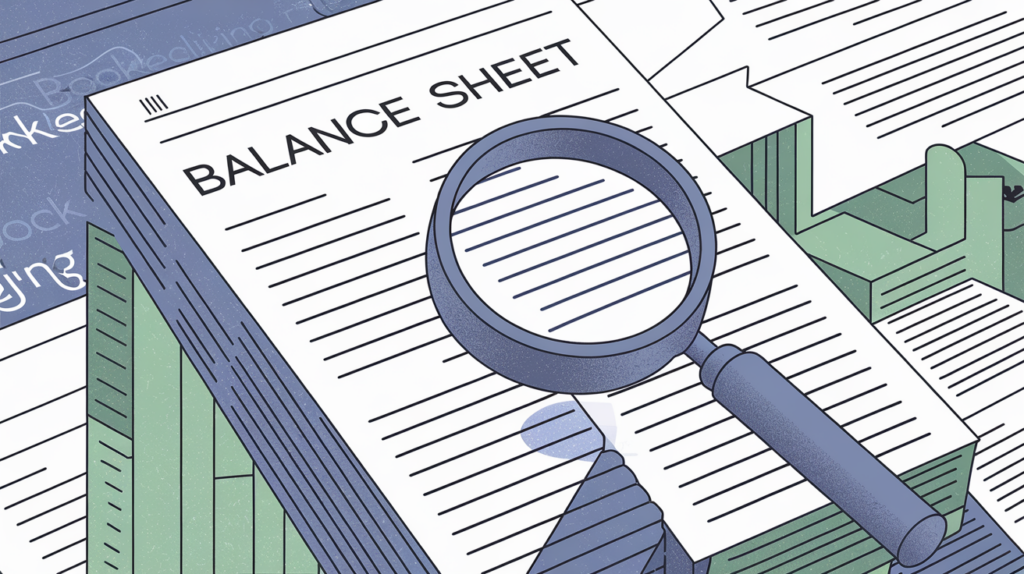 A magnifying glass examining a balance sheet.