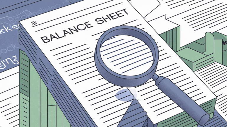 A magnifying glass examining a balance sheet.