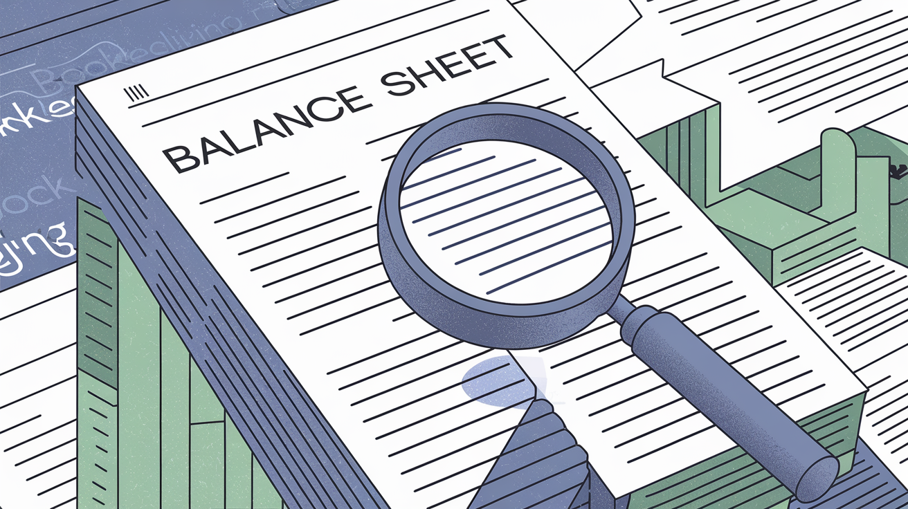 A magnifying glass examining a balance sheet.