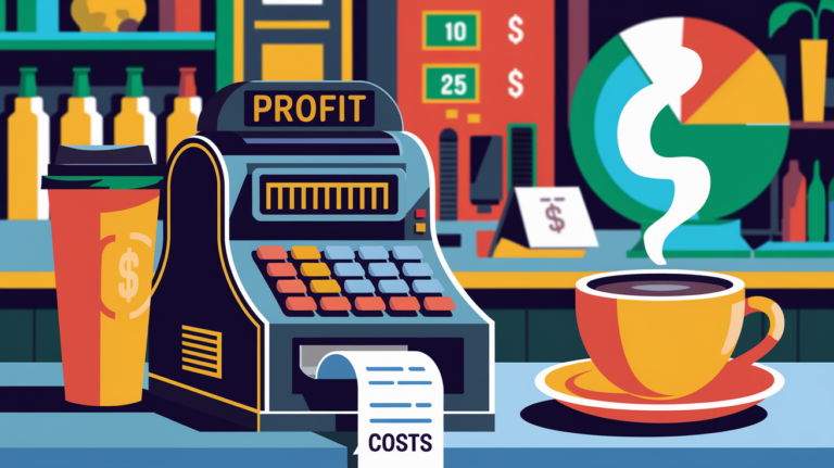 A graphic illustration of a coffee shop counter with a profit and loss chart.