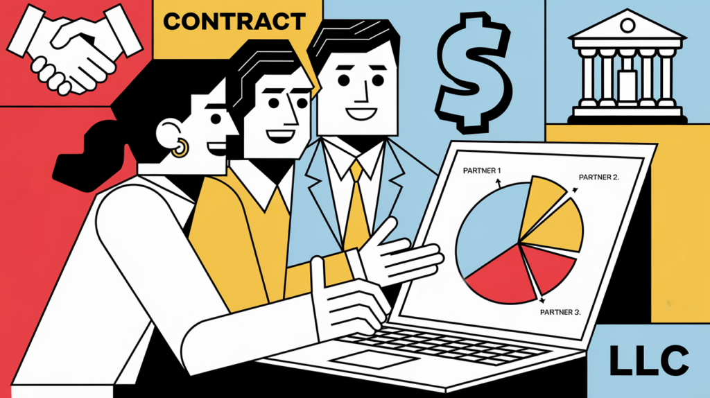 Three abstract figures collaborate on a laptop, with graphic elements representing partnership, taxes, and LLC formation.