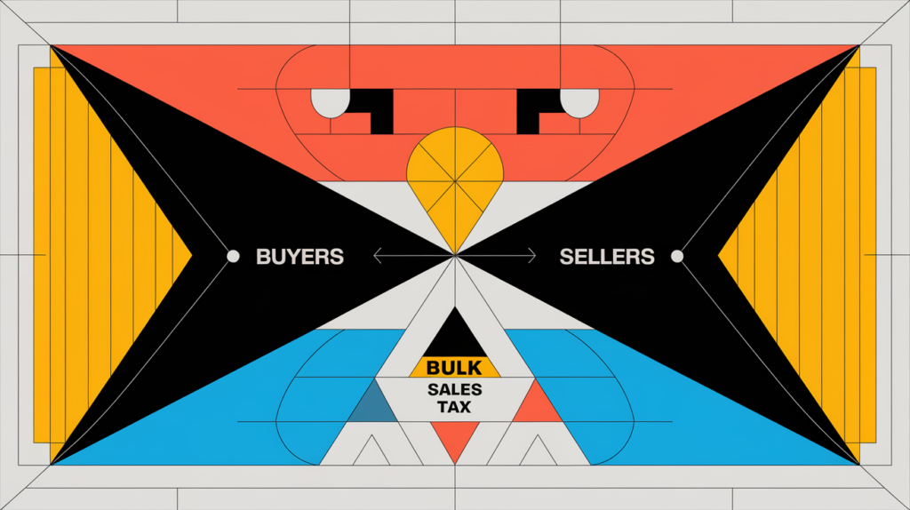 A geometric illustration with contrasting black and white shapes representing the balance between buyers' and sellers' responsibilities in a bulk sale, with "Bulk Sales Tax" integrated as a repeating pattern.