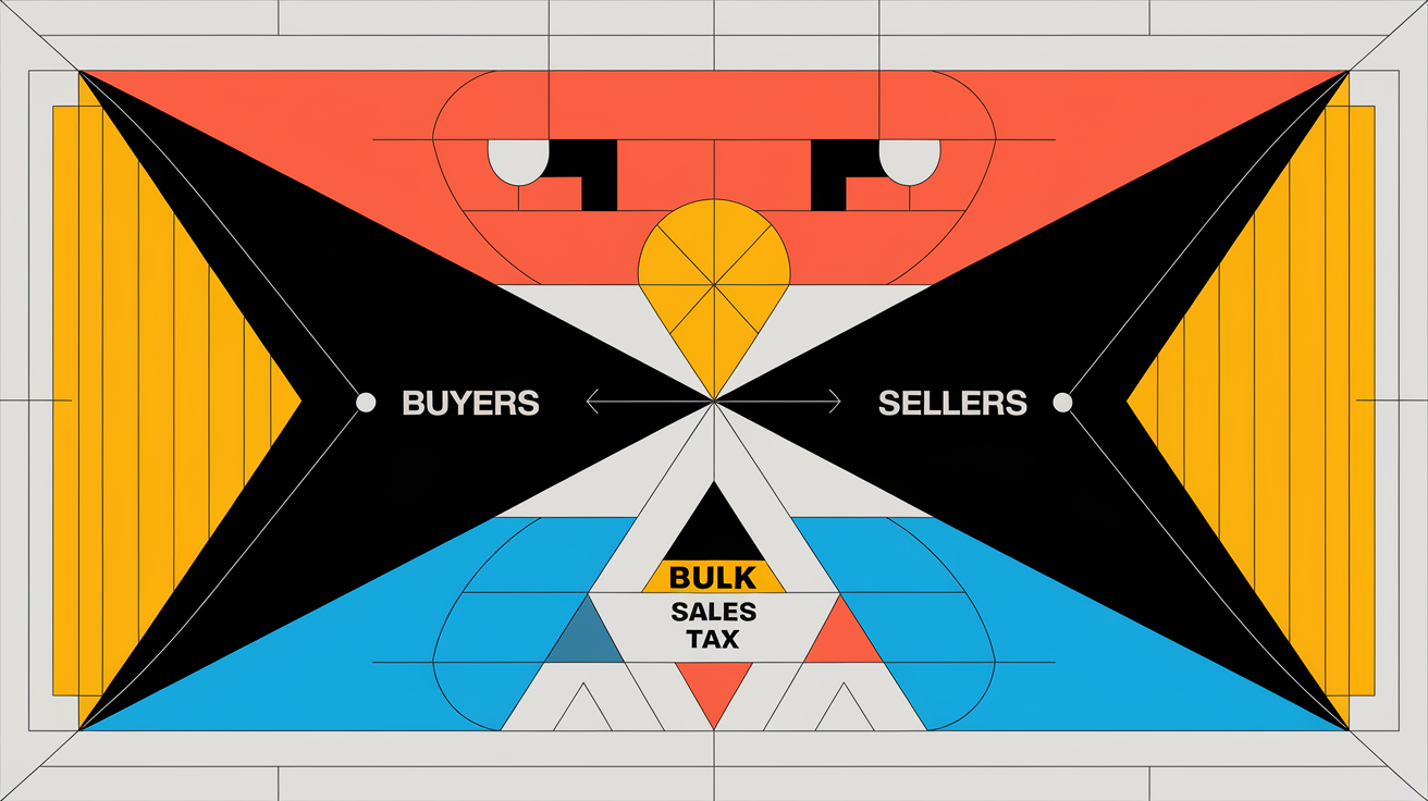 A geometric illustration with contrasting black and white shapes representing the balance between buyers' and sellers' responsibilities in a bulk sale, with "Bulk Sales Tax" integrated as a repeating pattern.