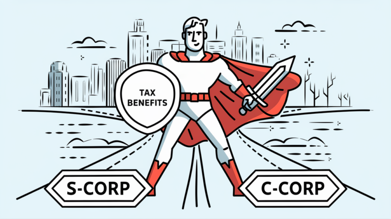 Advertising illustration of a superhero at a crossroads between S-Corp and C-Corp.
