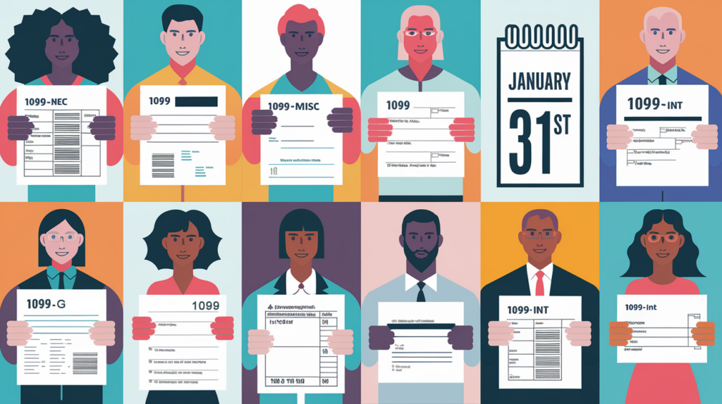 People holding different 1099 forms with a calendar showing the filing deadline.