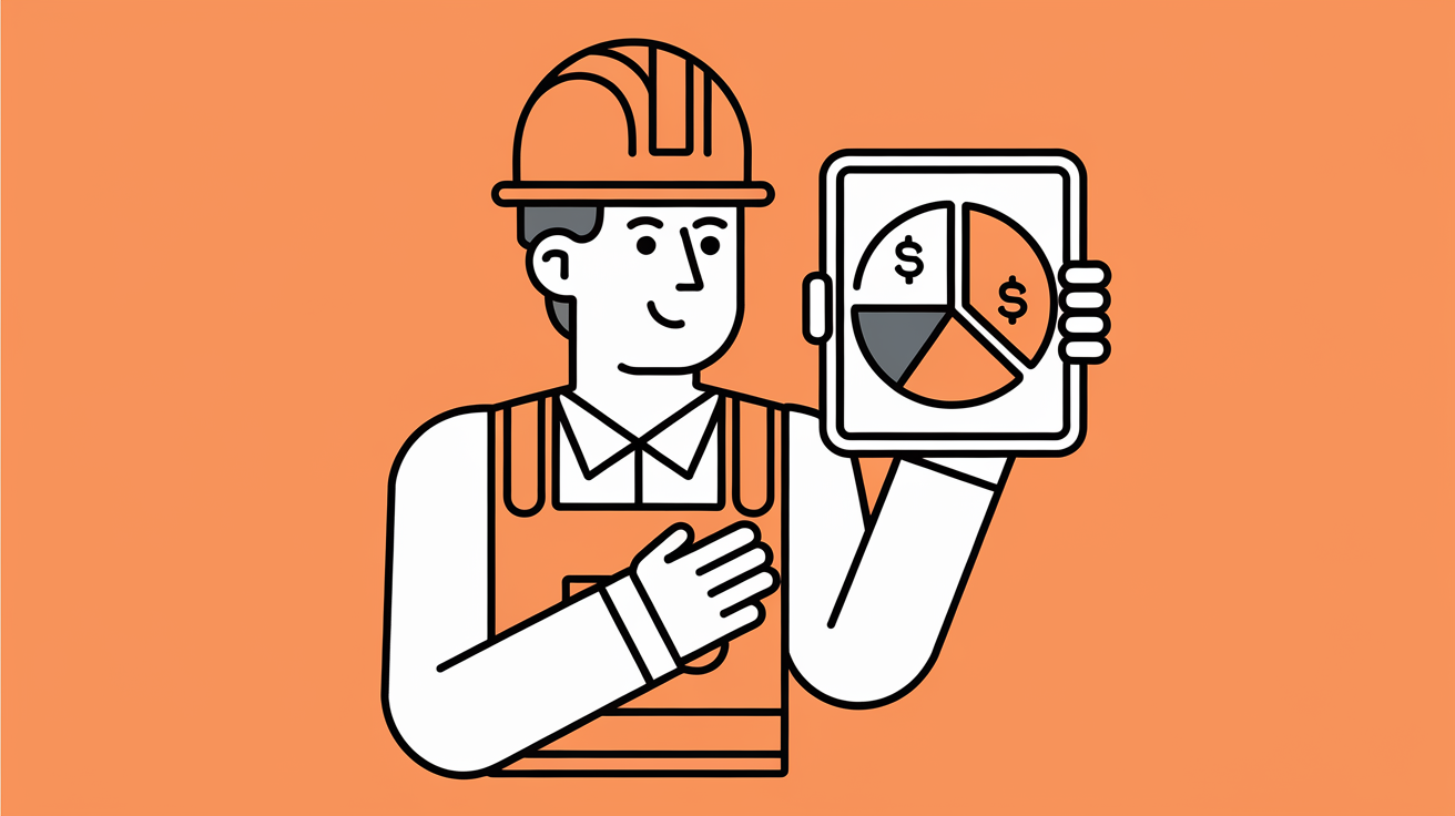 Line art of construction worker holding a tablet with a pie chart