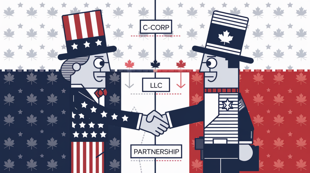 Blocky illustration of Uncle Sam and a Mountie shaking hands over a border, with business entity types as building blocks.